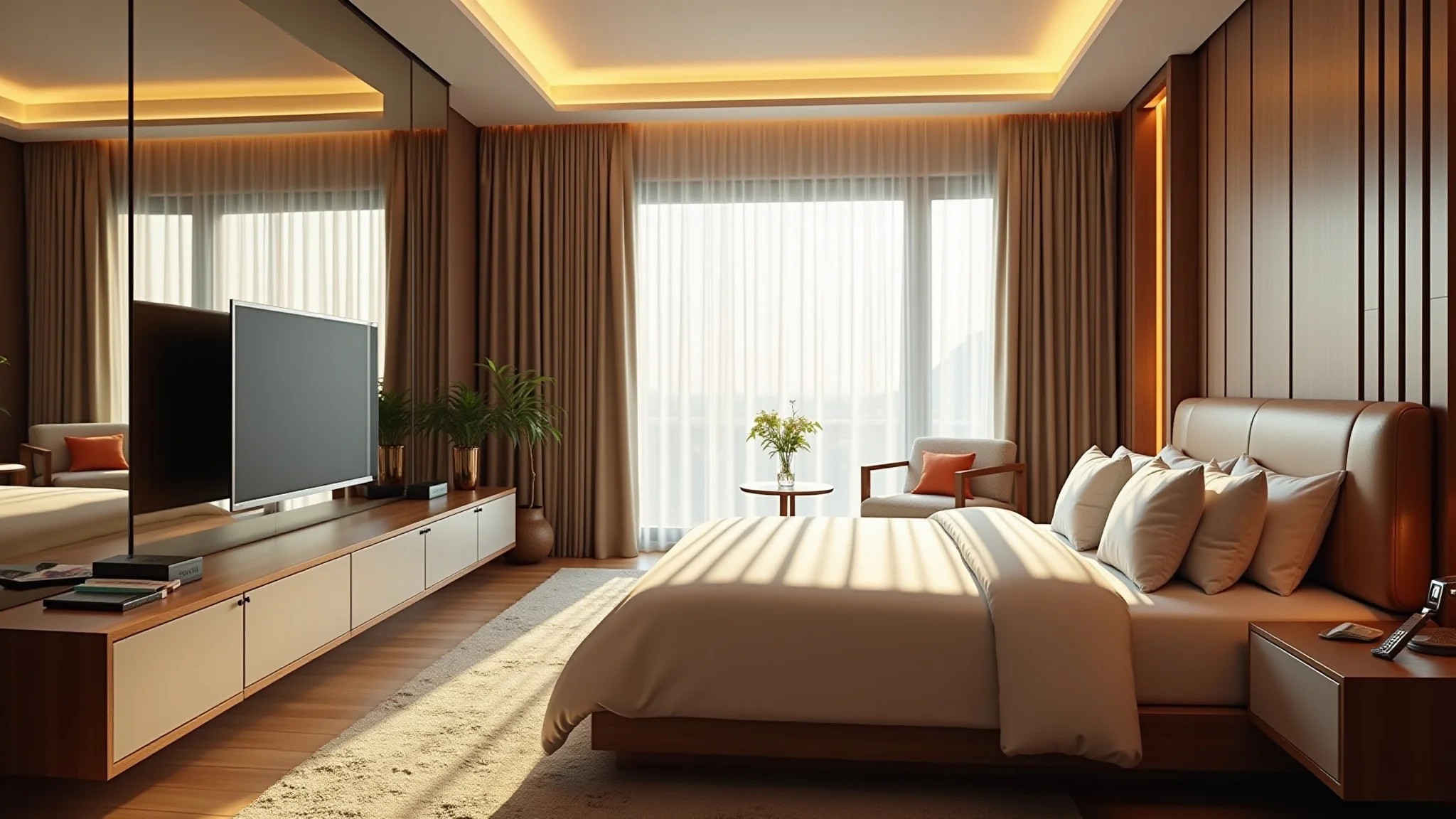 Quarto elegante com painel de TV espelhado, sensação de amplitude.