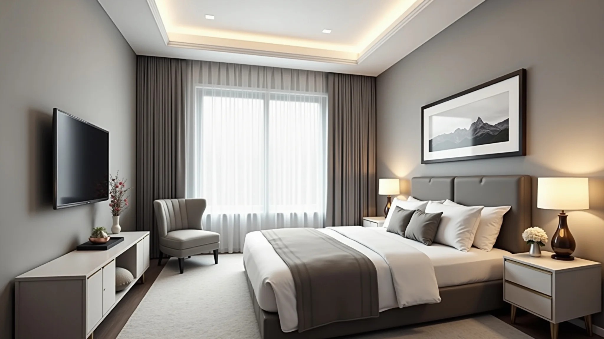 Quarto elegante com paleta de cores neutras, tons de cinza e branco e móveis modernos.