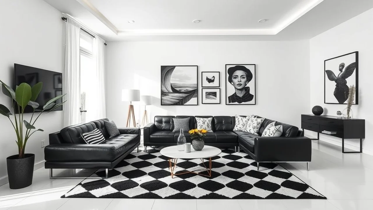 Sala de estar moderna em preto e branco, design minimalista, sofá de couro preto e tapete geométrico