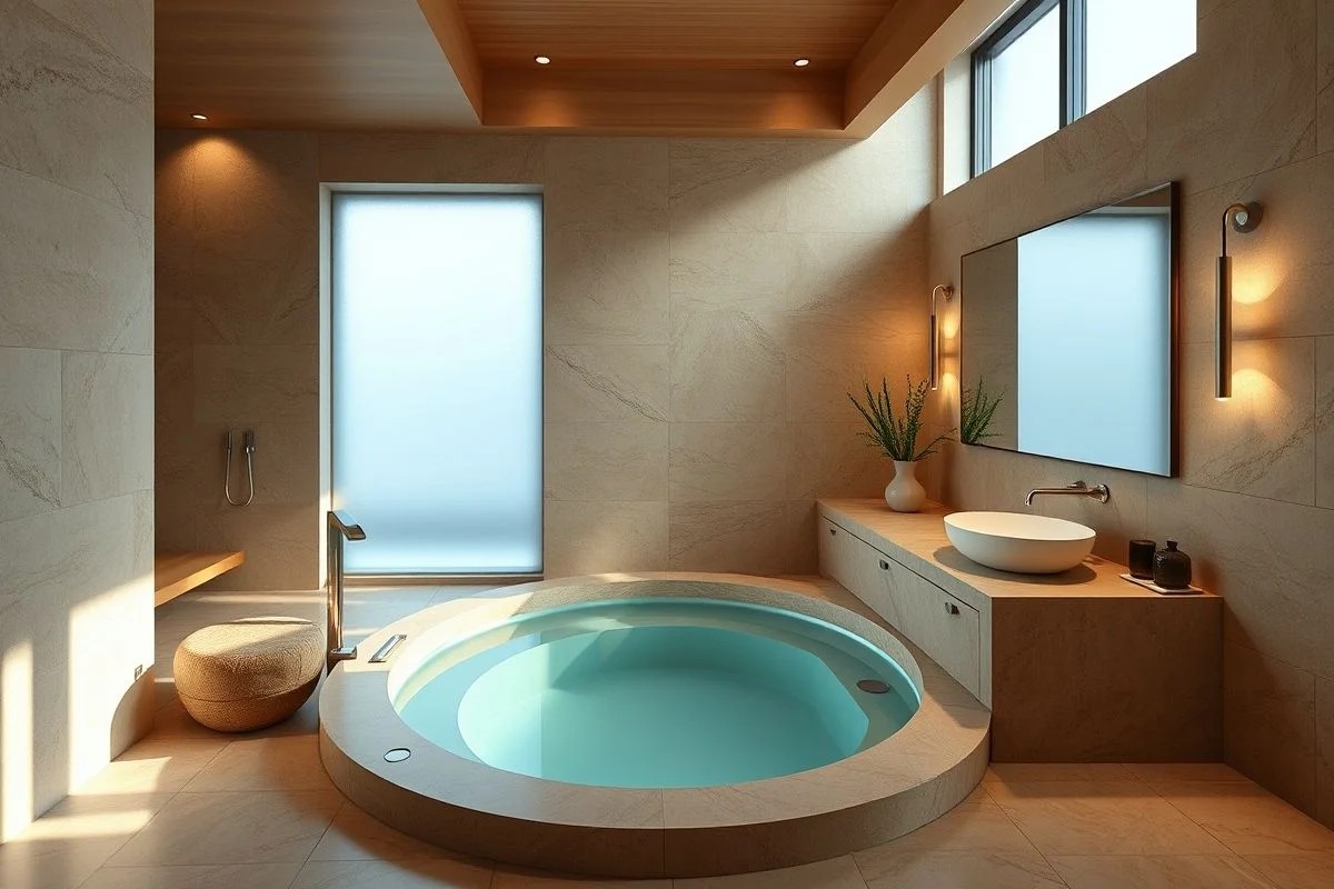 Banheiro elegante com jacuzzi embutida e design minimalista, ambiente relaxante.