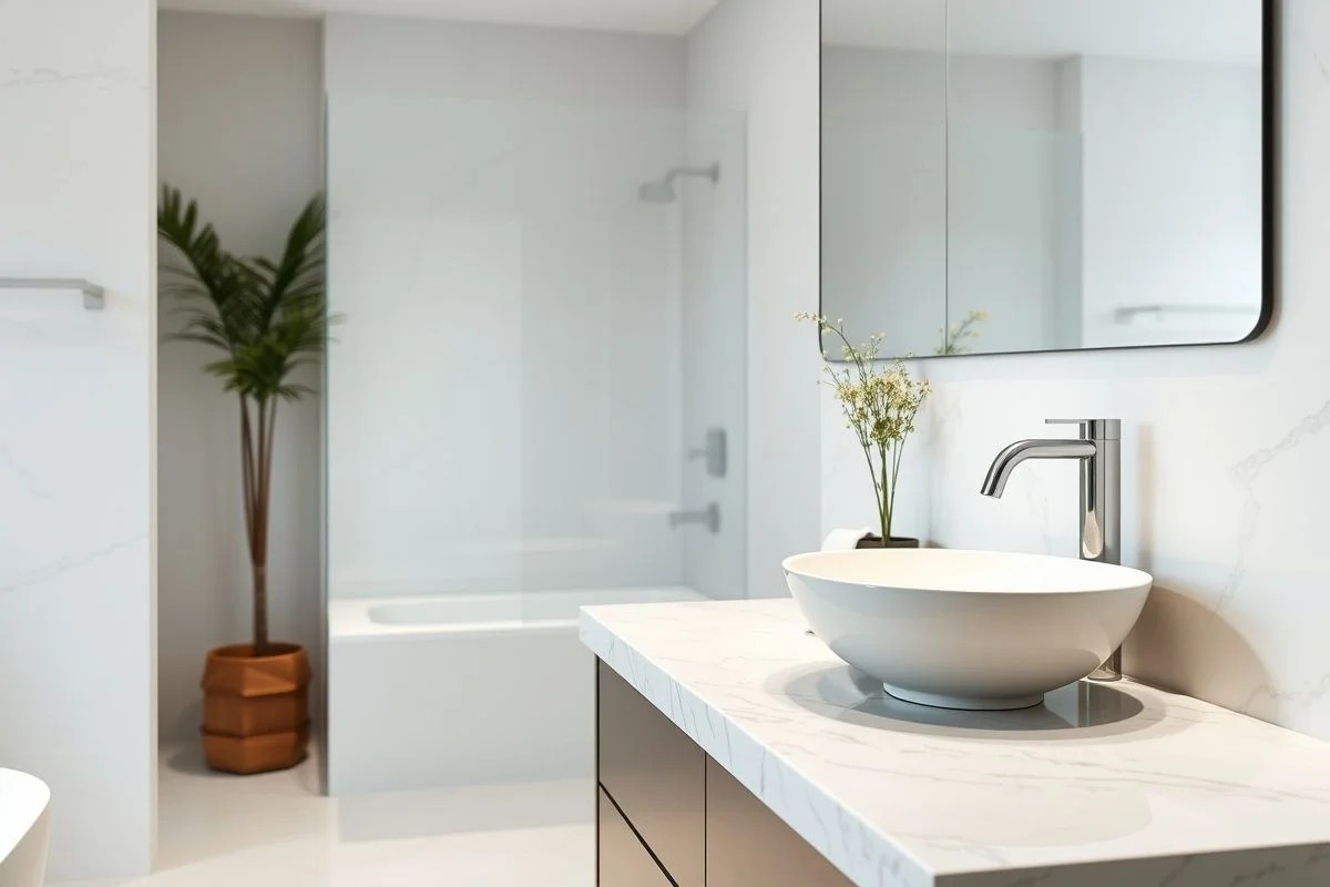 Banheiro elegante com bancada em Granito Branco Itaúnas e pia moderna. Ambiente clean e relaxante.