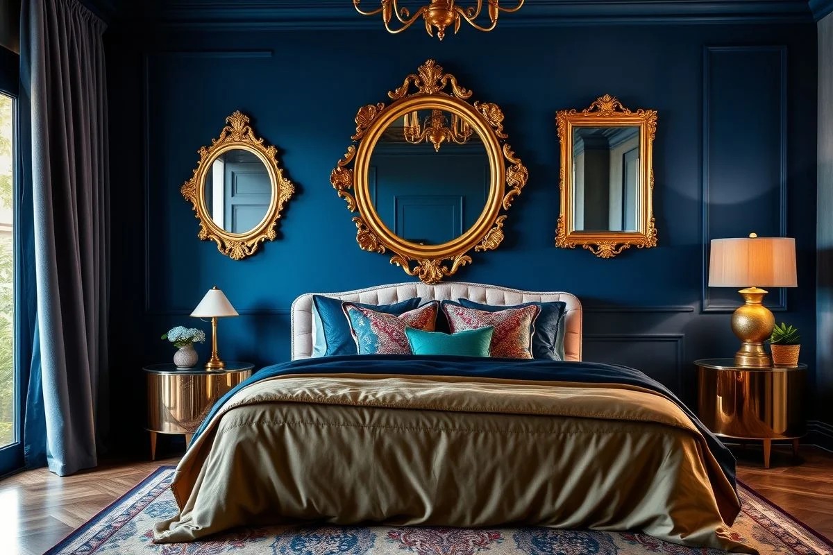 Quarto elegante brasileiro com parede azul marinho e detalhes dourados