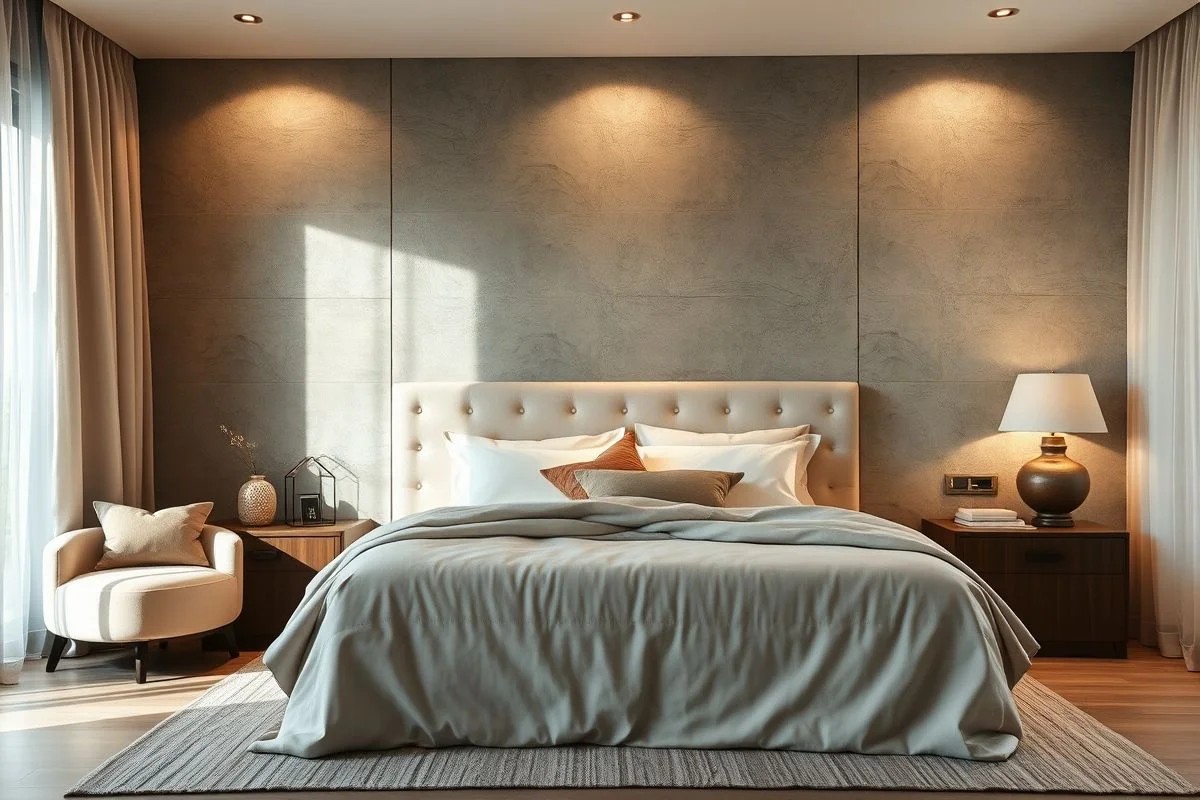 Quarto elegante com cabeceira de cimentício e iluminação suave.