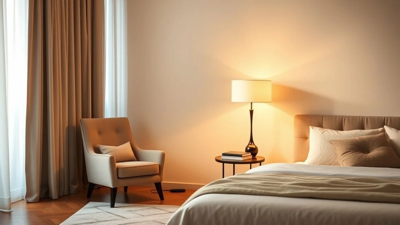 Quarto elegante com luminária de chão criando um ambiente acolhedor e convidativo.
