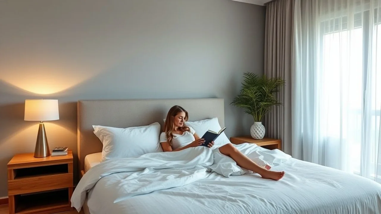 Quarto elegante com paredes cinza claro e detalhes em madeira.
