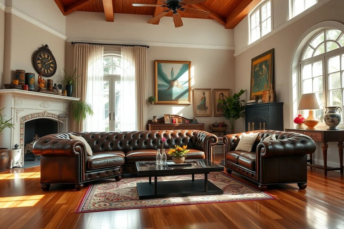 Sala de estar clássica brasileira com sofá Chesterfield e lareira decorativa