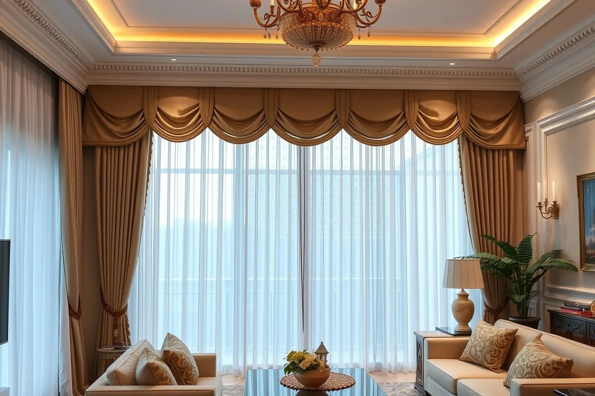 Sala elegante com cortineiro e sanca de gesso, criando iluminação indireta.