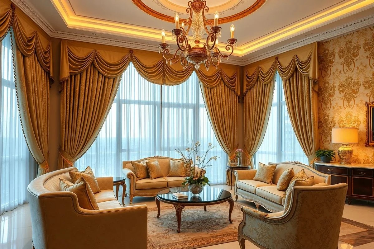 Sala elegante com cortinas jacquard floral em tons de creme e dourado.