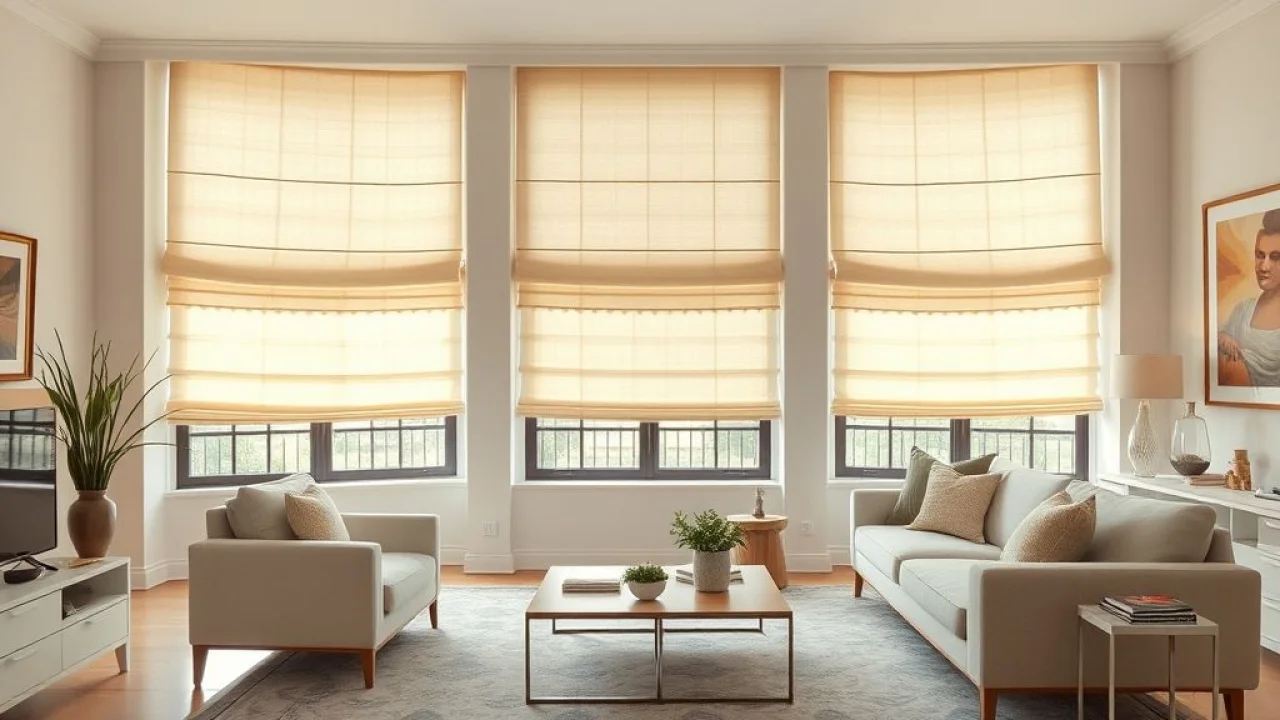 Sala de estar brasileira com cortinas romanas de linho.
