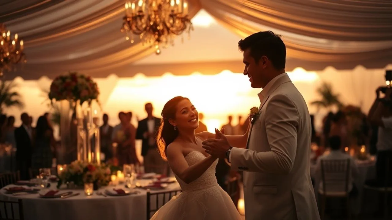 Recepção de casamento elegante no Brasil ao pôr do sol. Decoração floral e casal dançando.