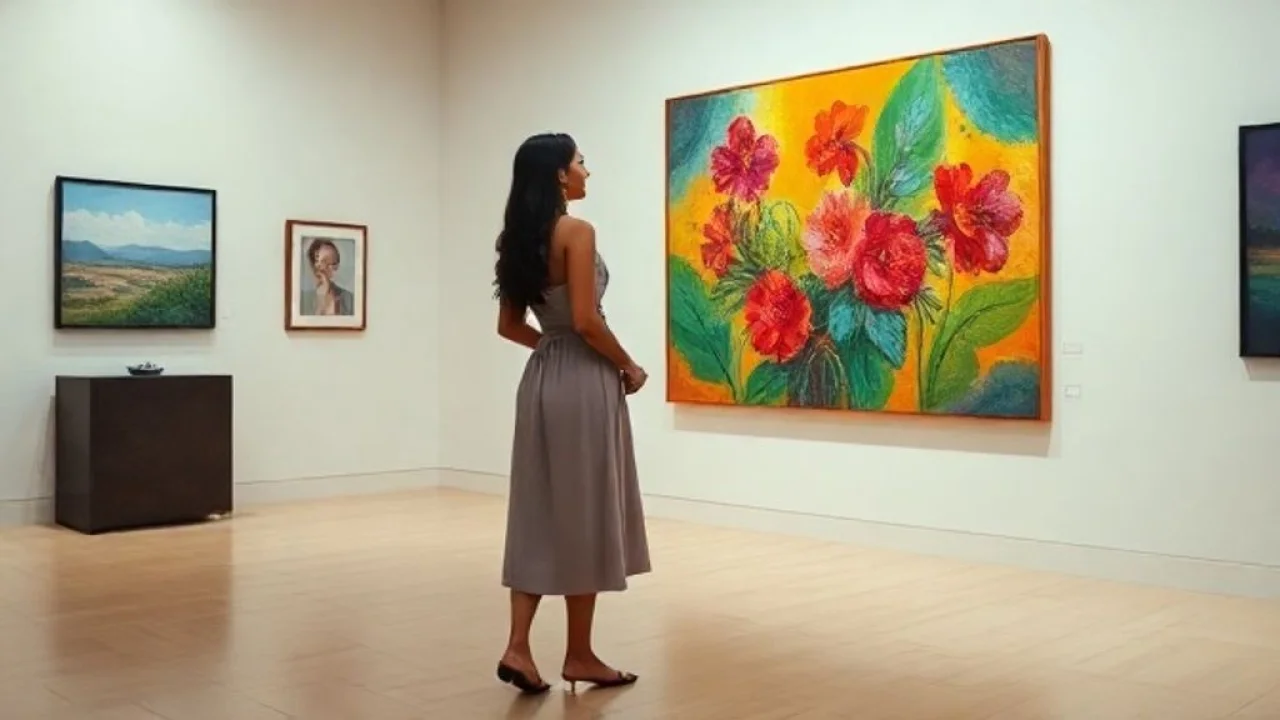 Mulher brasileira elegante admirando pintura em galeria de arte, look confortável e estiloso.