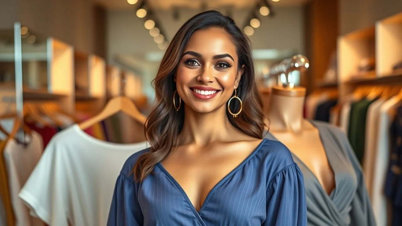 Mulher brasileira sorrindo, mostrando decotes diversos, loja de moda.