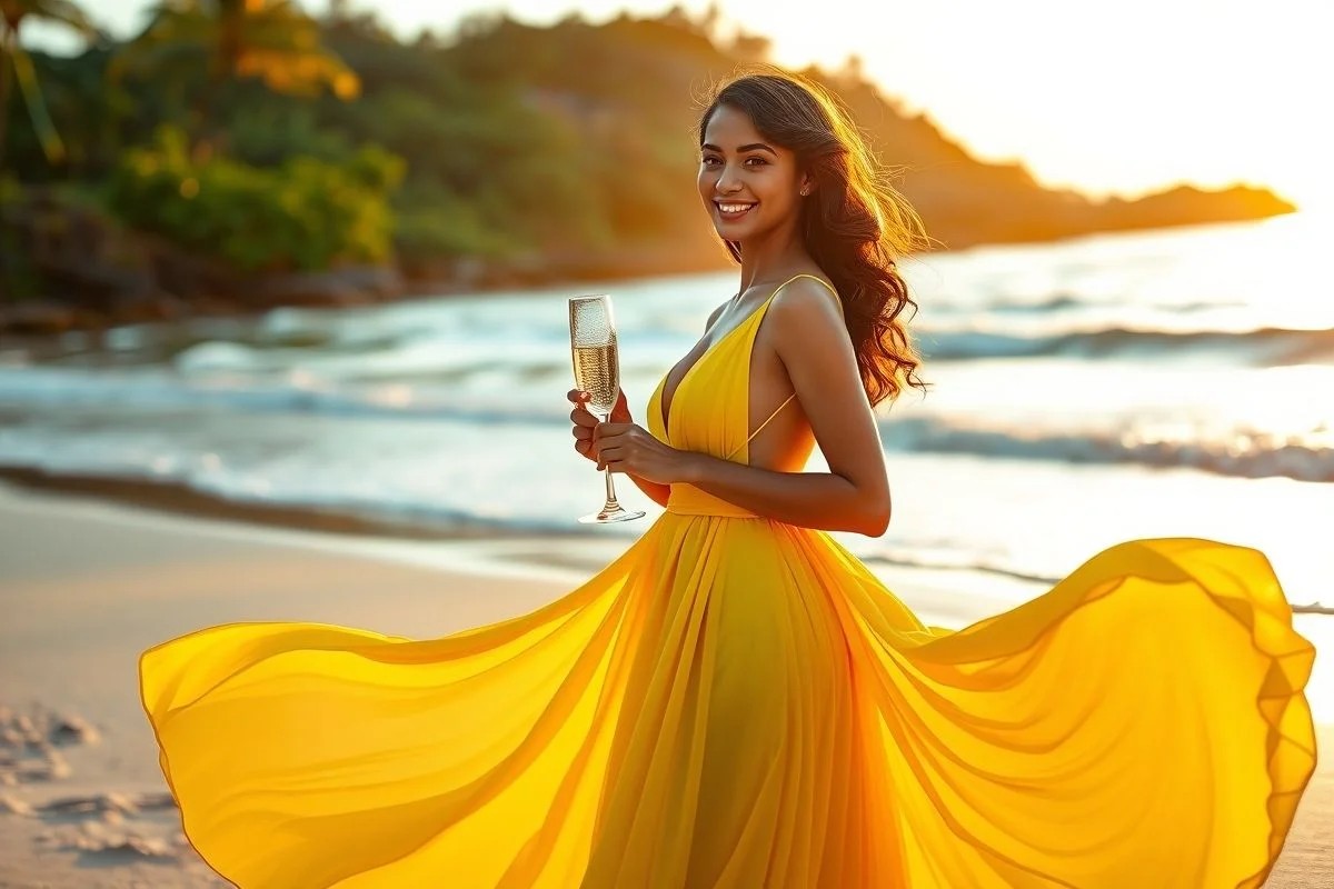Mulher elegante de amarelo na praia, Réveillon, champanhe.
