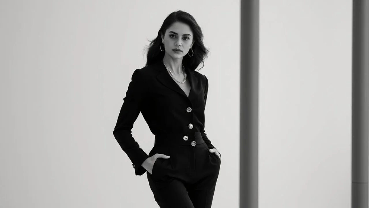 Mulher elegante com look minimalista inspirado em Coco Chanel. 'Menos é mais' na moda.
