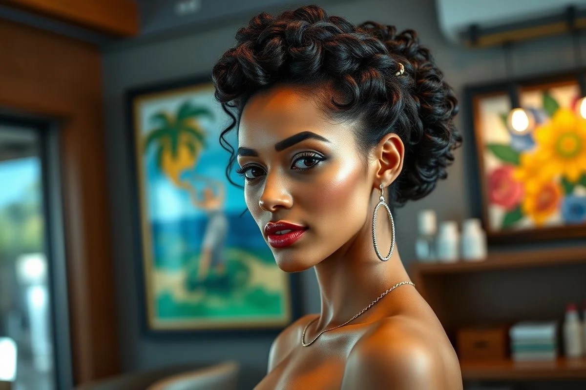 Penteado coque com trança elegante para evento formal, mulher brasileira.