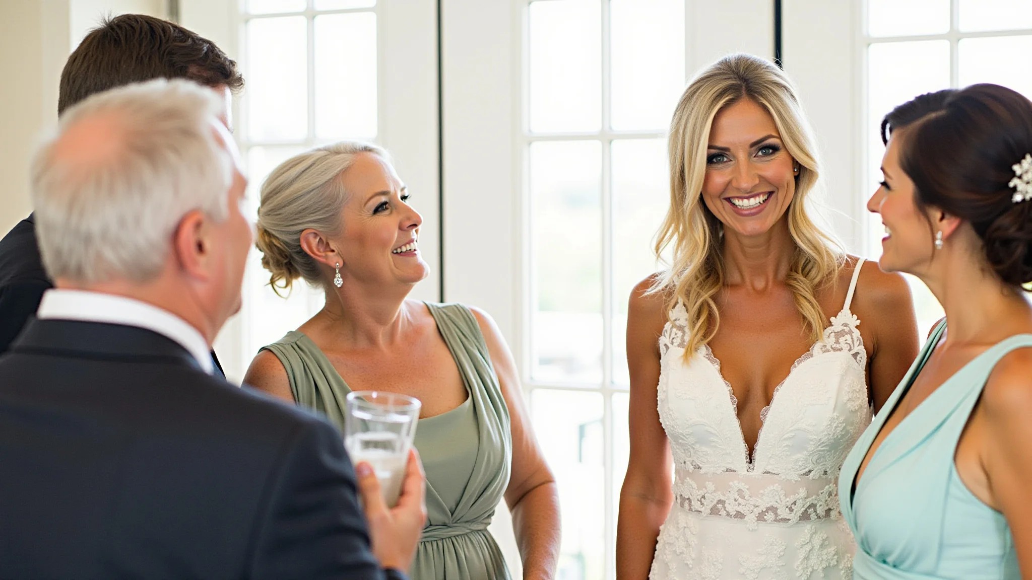 Noiva elegante em vestido curto branco em casamento civil, cercada pela família.