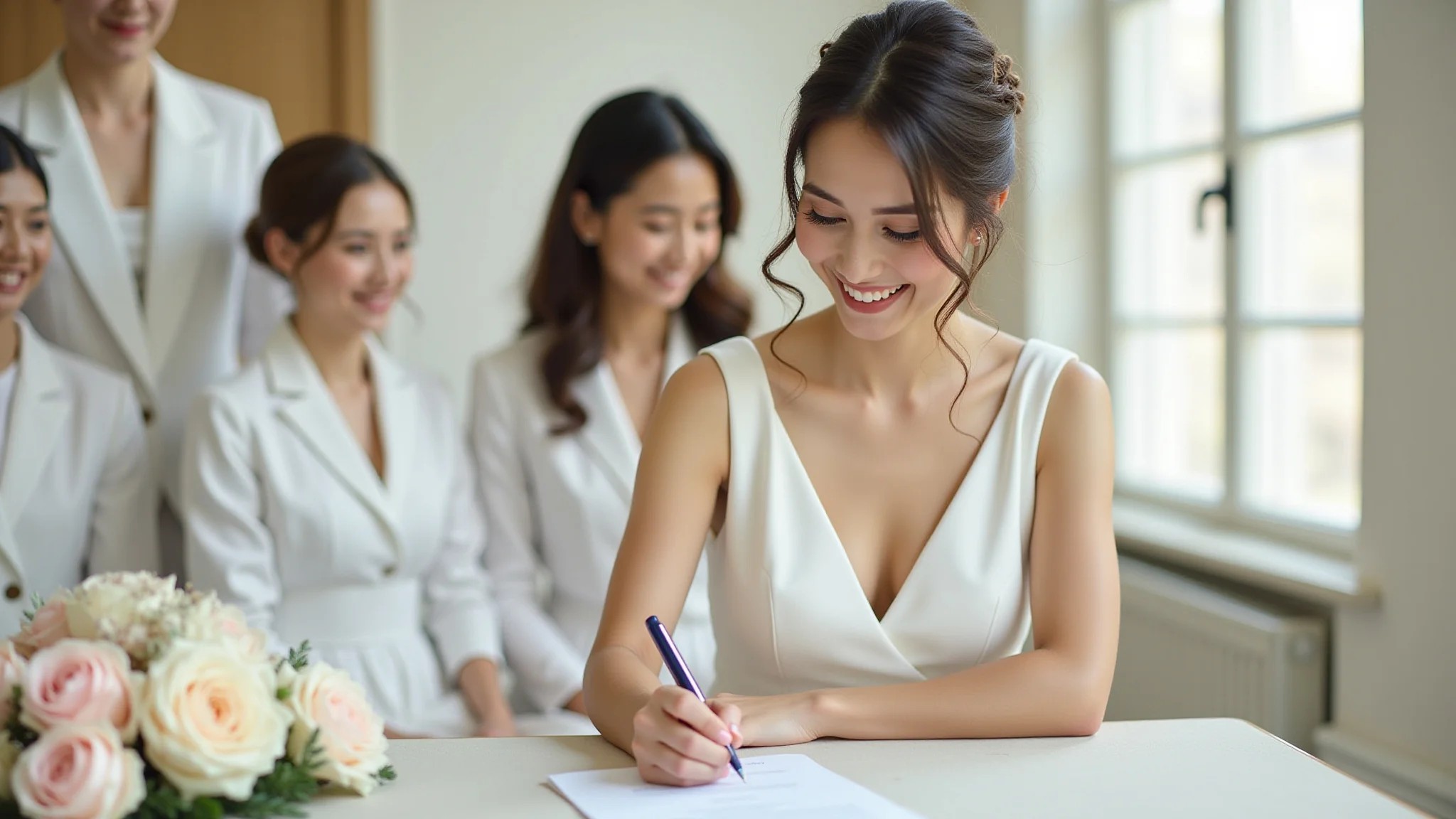 Noiva elegante em vestido branco minimalista assinando certidão de casamento no cartório.