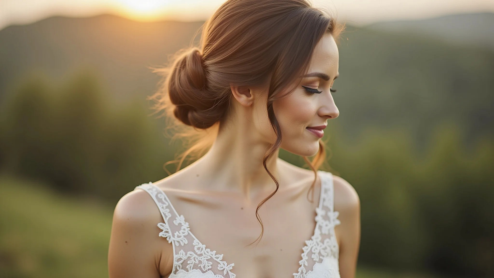Noiva elegante em vestido curto de renda para casamento civil, maquiagem natural.