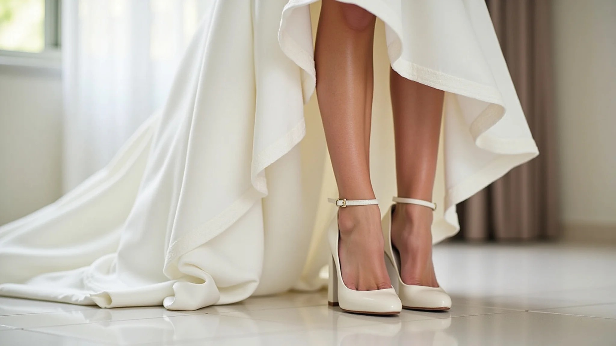 Noiva sorrindo, usando sapatos de noiva confortáveis com salto baixo, estilo casamento brasileiro.