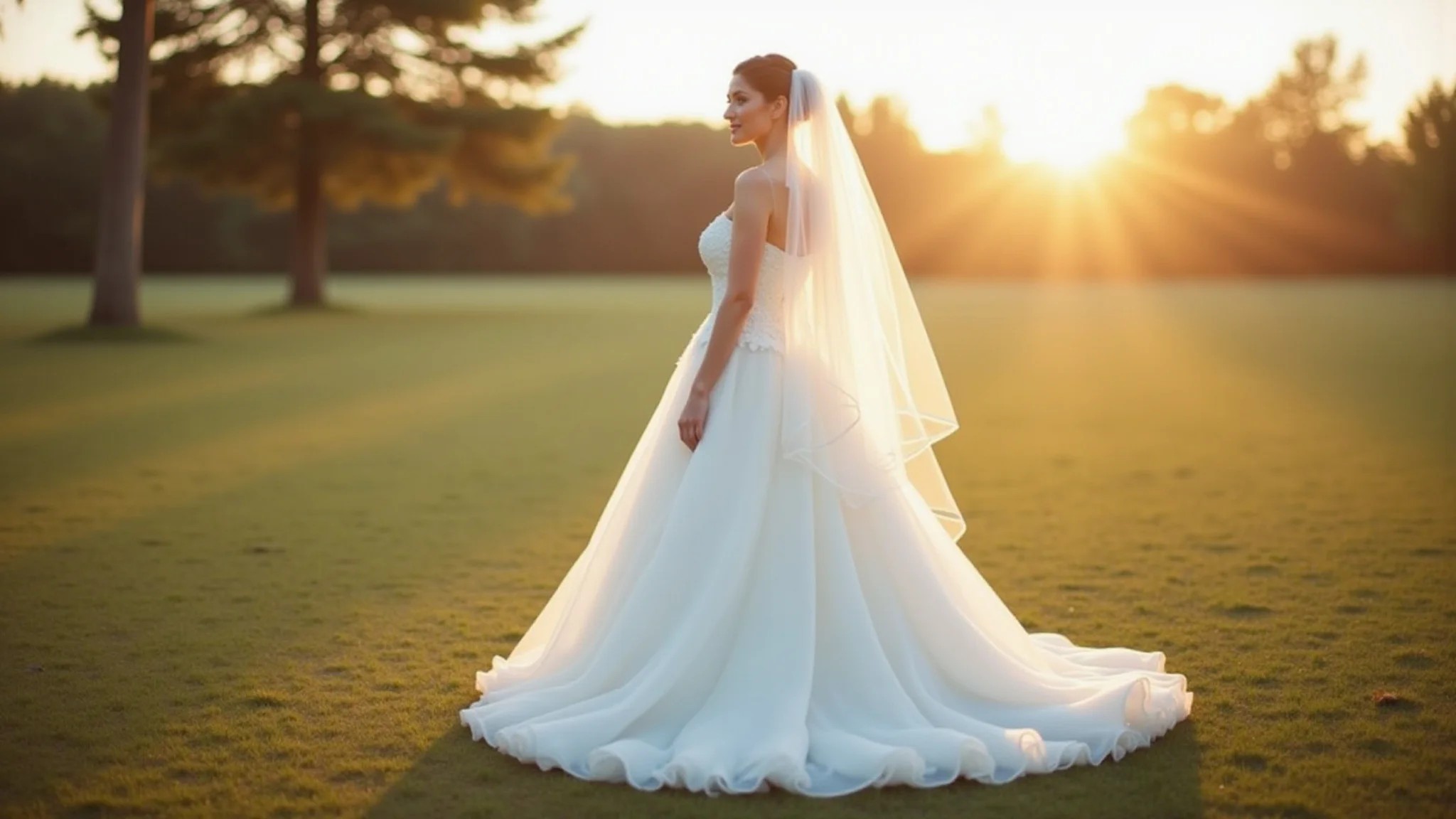 Noiva elegante com vestido longo e véu delicado em casamento civil.