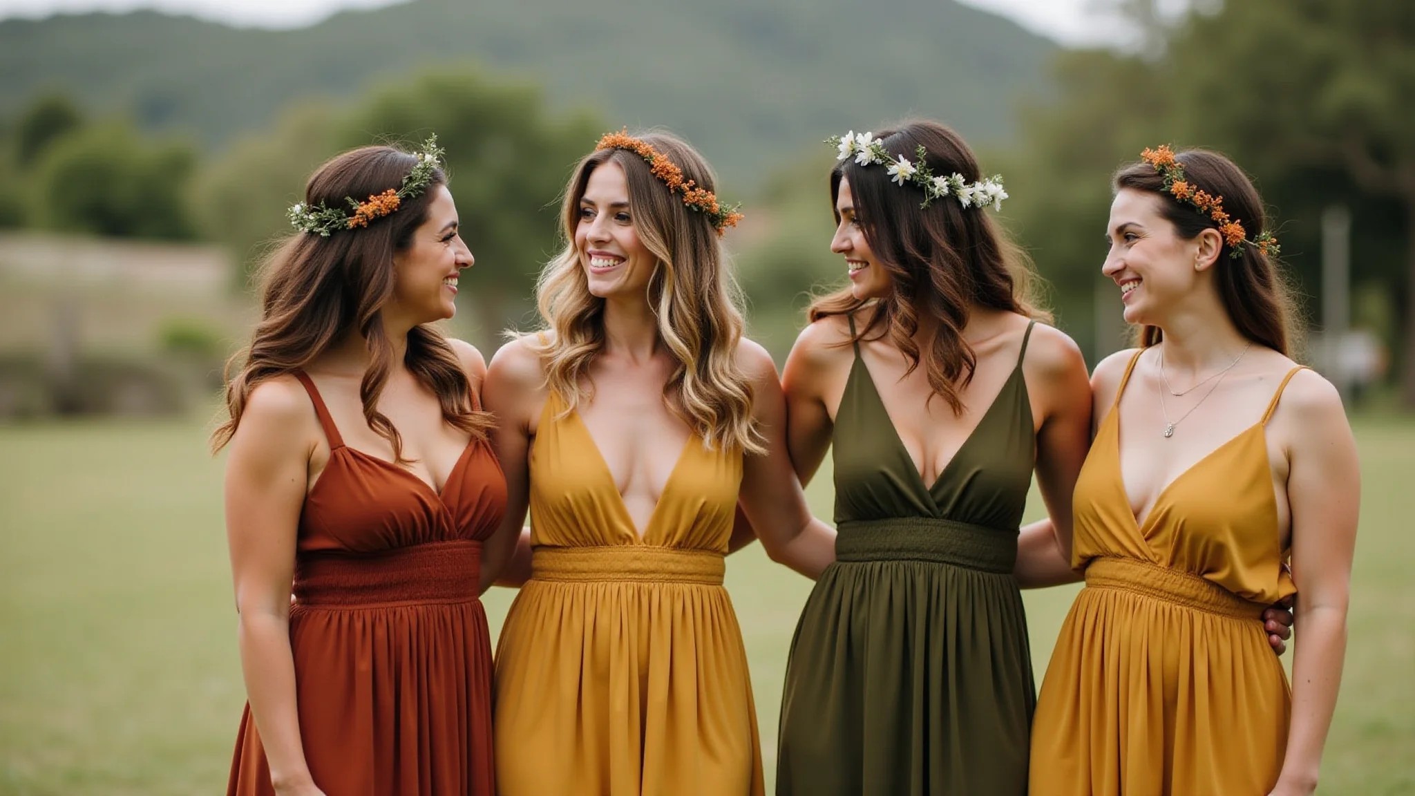 Madrinhas elegantes em vestidos terracota, verde oliva e mostarda em casamento boho-chic brasileiro.