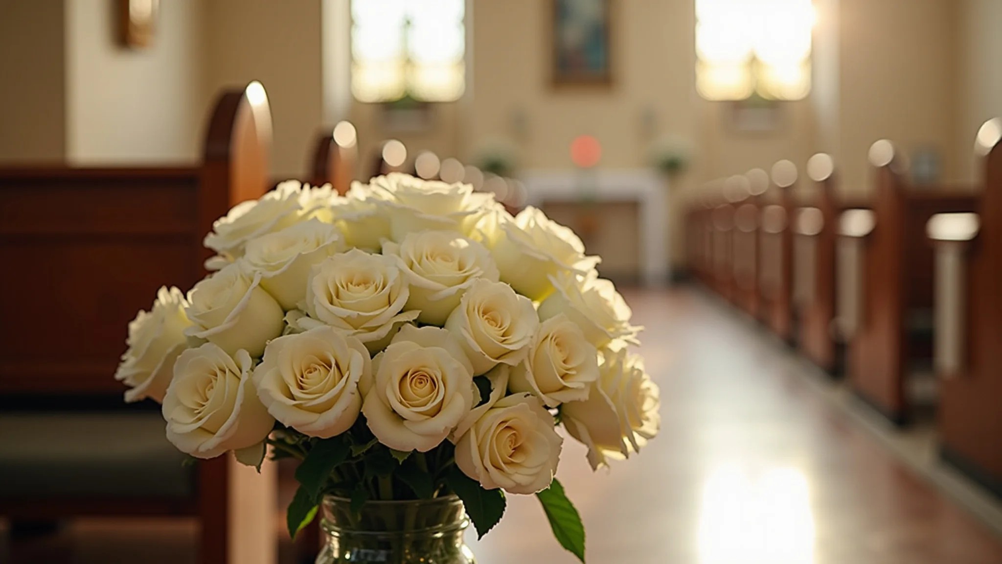Decoração elegante para casamento na igreja com rosas brancas e iluminação suave.