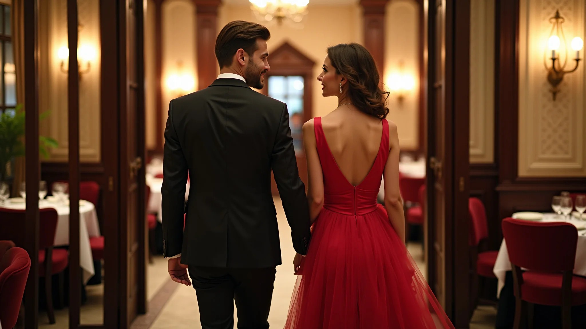 Casal elegante chegando para um jantar romântico em restaurante sofisticado.