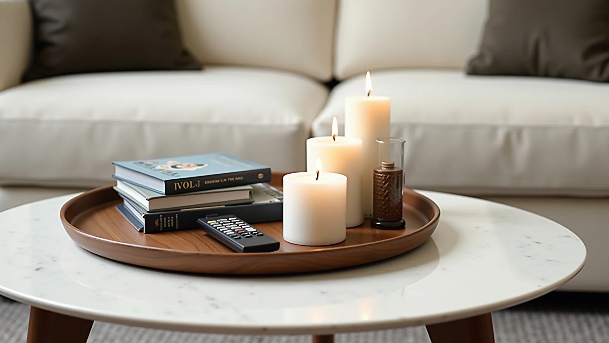 Bandeja decorativa elegante na mesa de centro com velas, livros e controle remoto.