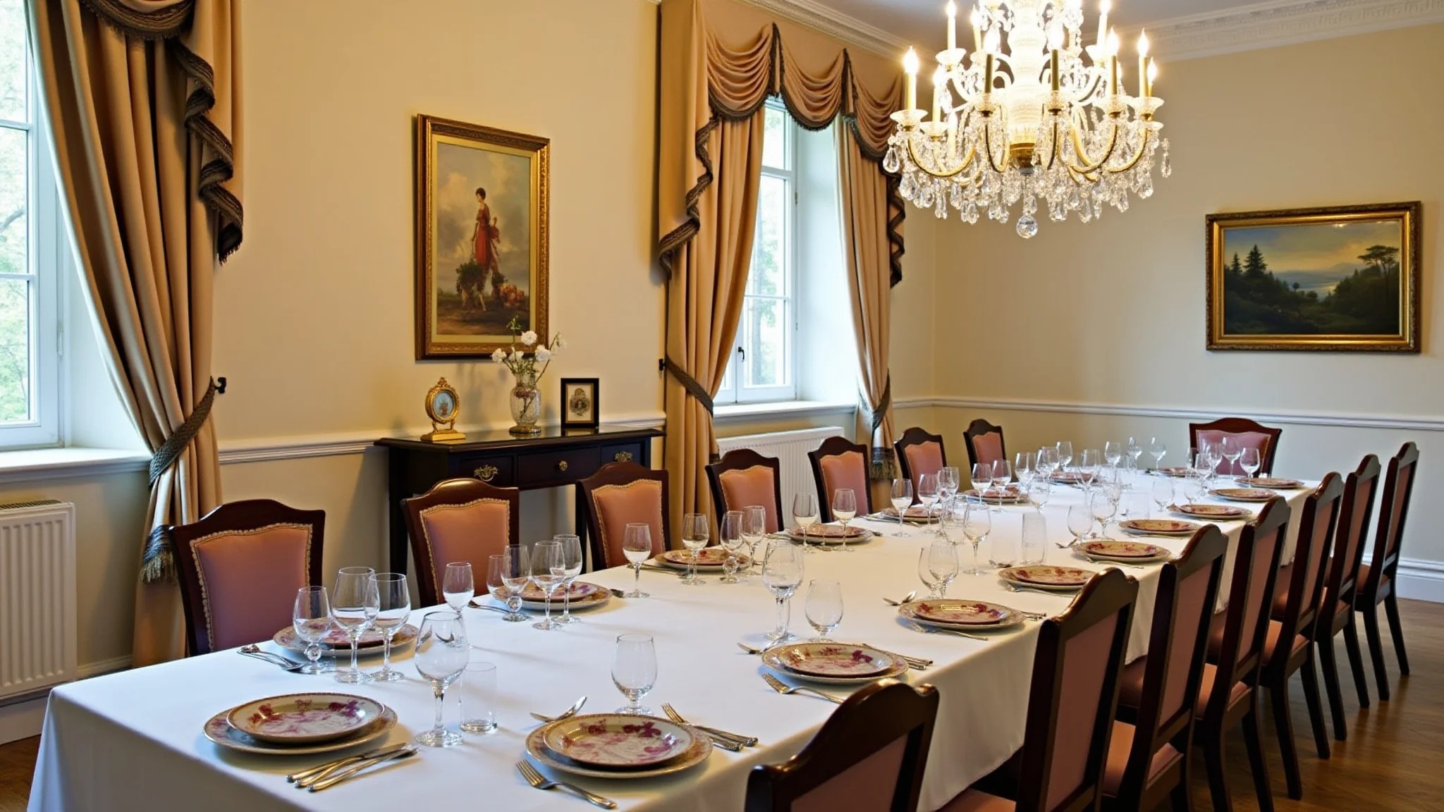 Sala de jantar elegante com lustre de cristal e louças finas.