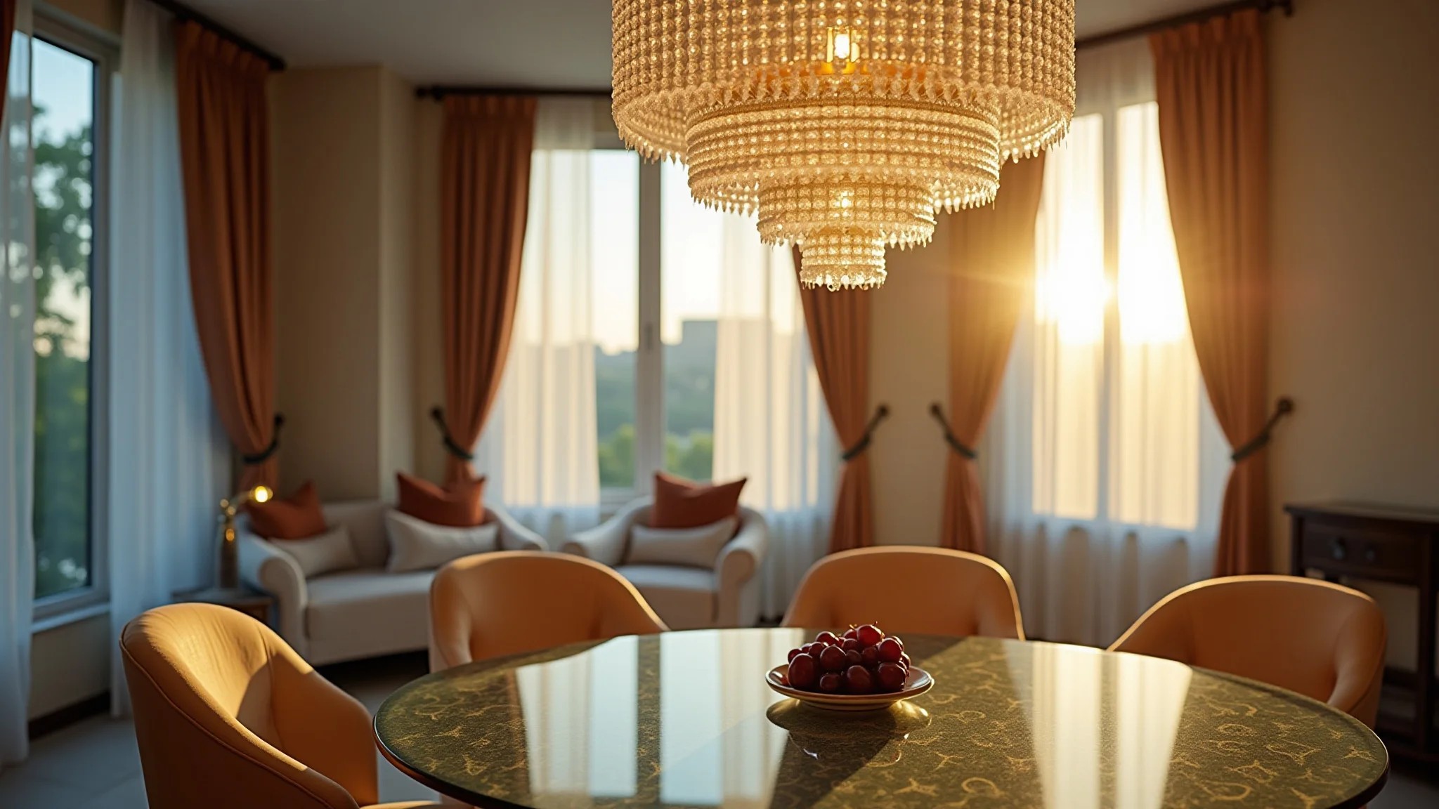 Elegante sala de jantar com lustre de cristal pendente sobre a mesa de vidro.