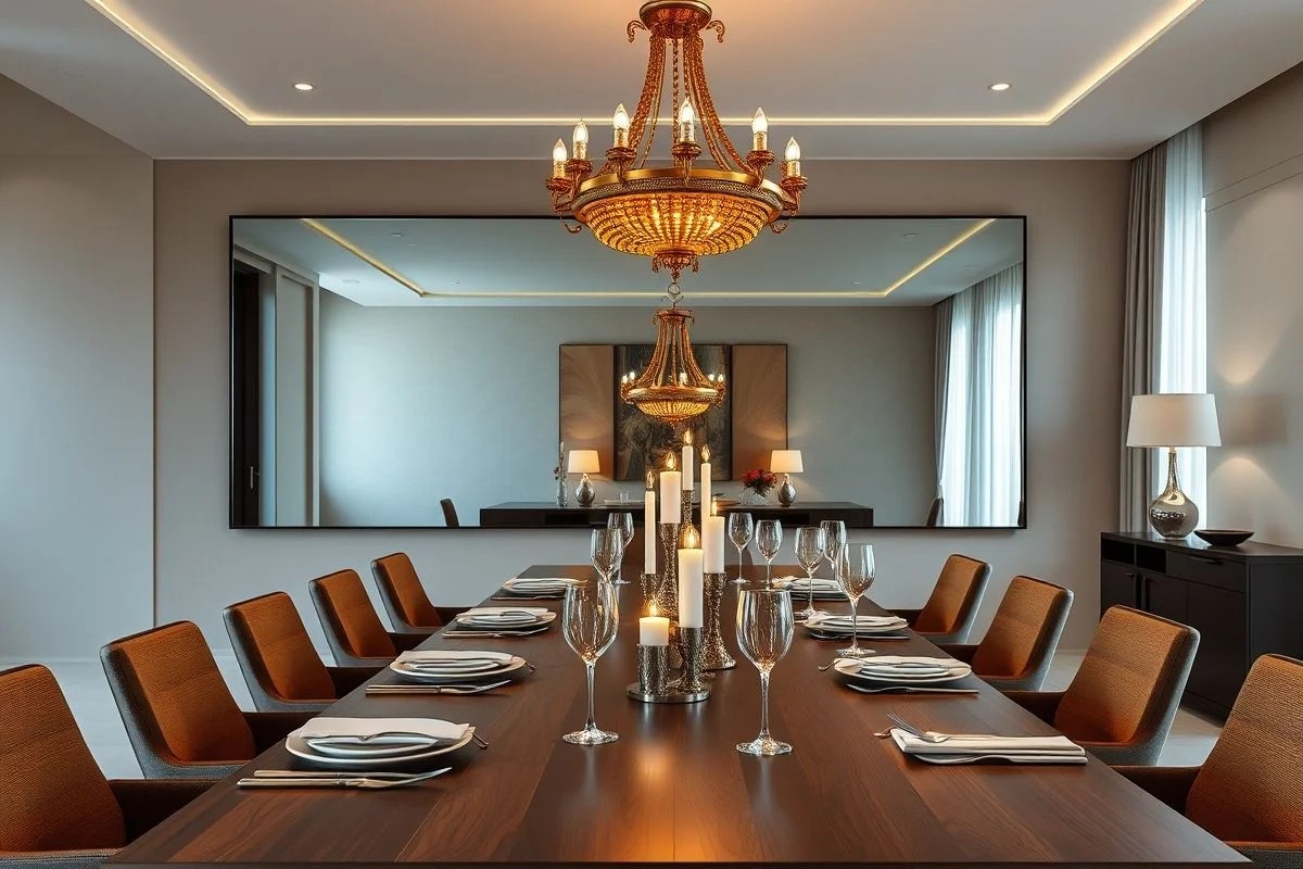 Sala de jantar elegante com espelho retangular refletindo lustre e mesa posta com velas. Decoração moderna brasileira.
