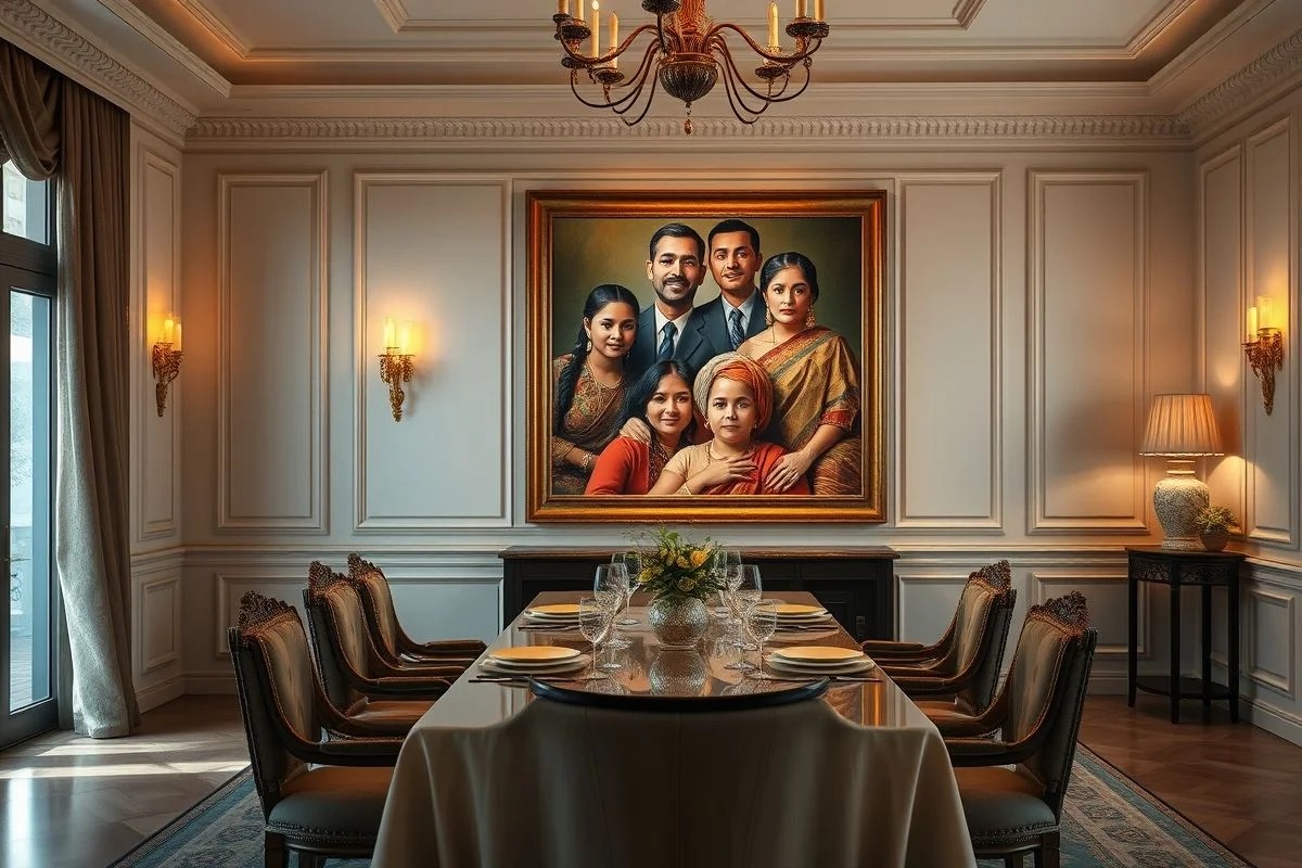 Sala de jantar elegante com retrato de família brasileira na parede.