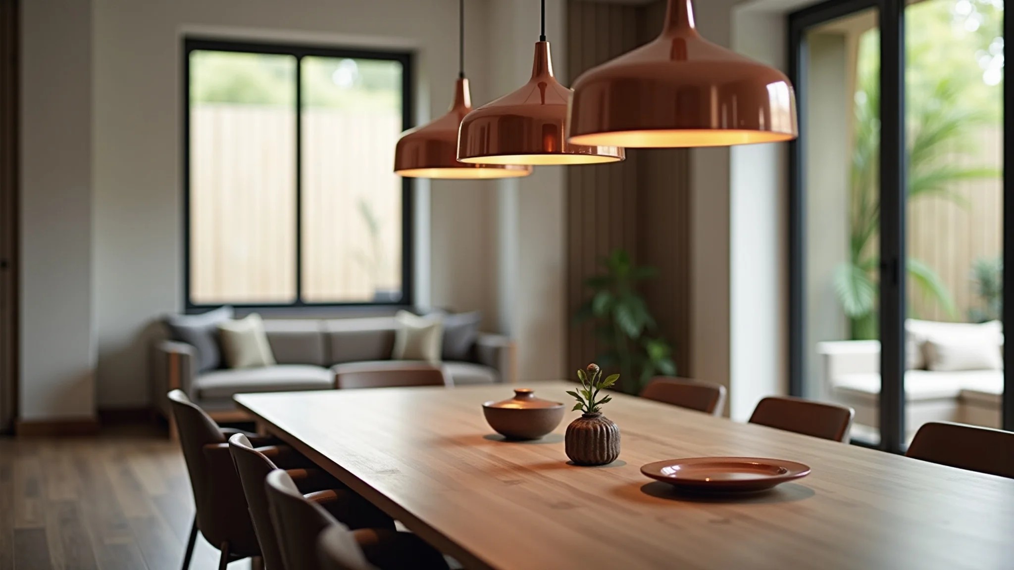 Sala de jantar elegante com luminária pendente de cobre, design moderno e estilo brasileiro.