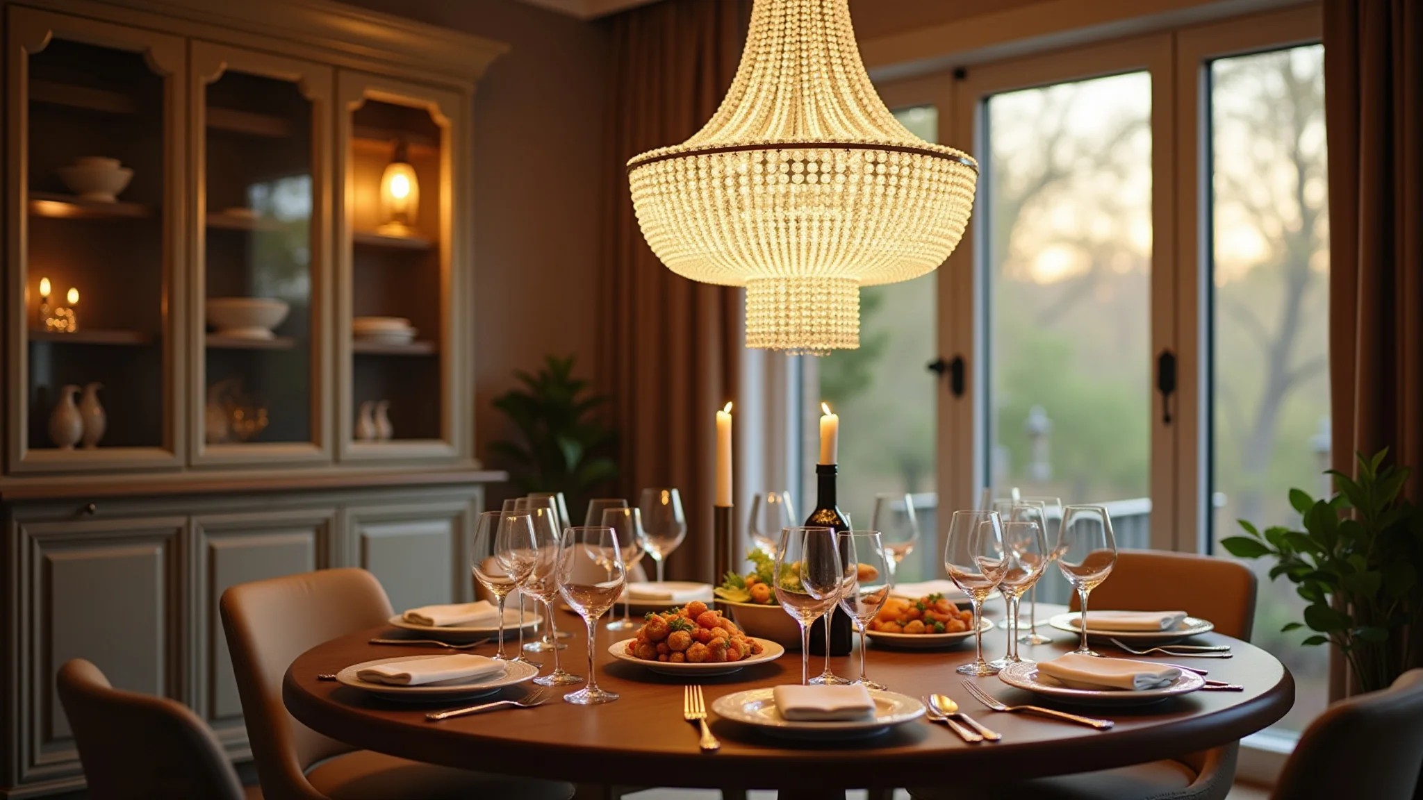 Sala de jantar elegante com lustre de cristal sobre mesa de madeira.