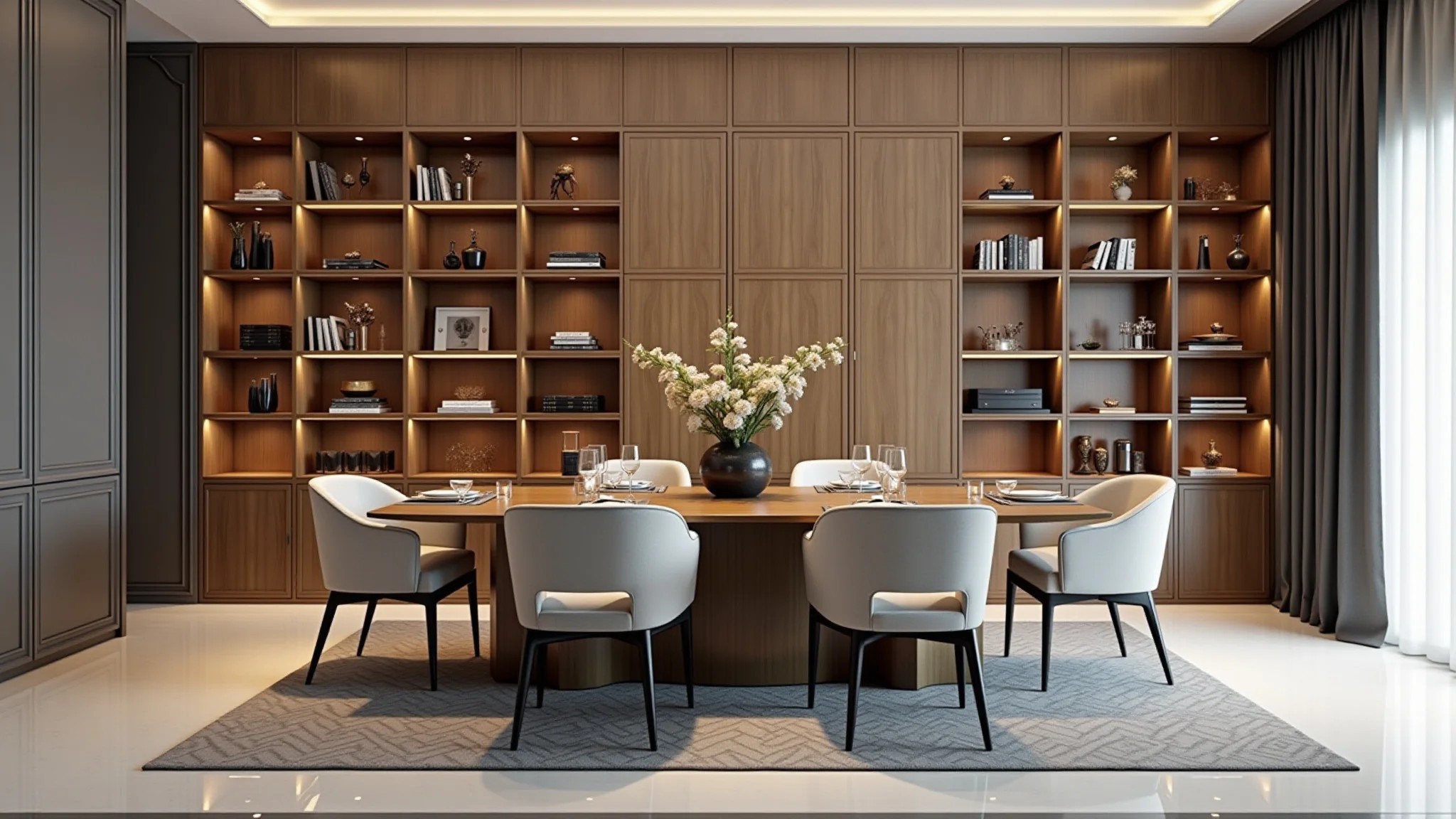 Sala de jantar elegante com canto alemão sob medida e espaço de armazenamento.
