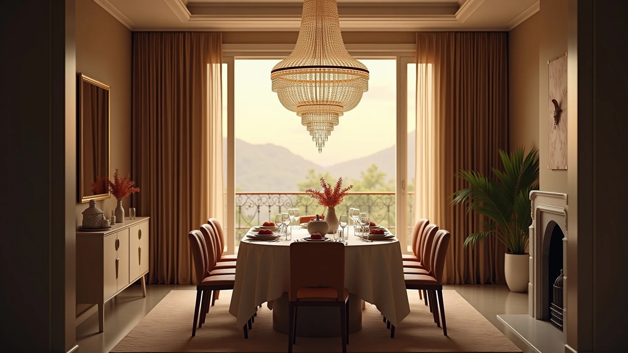 Sala de jantar elegante com lustre de cristal moderno e mesa posta.