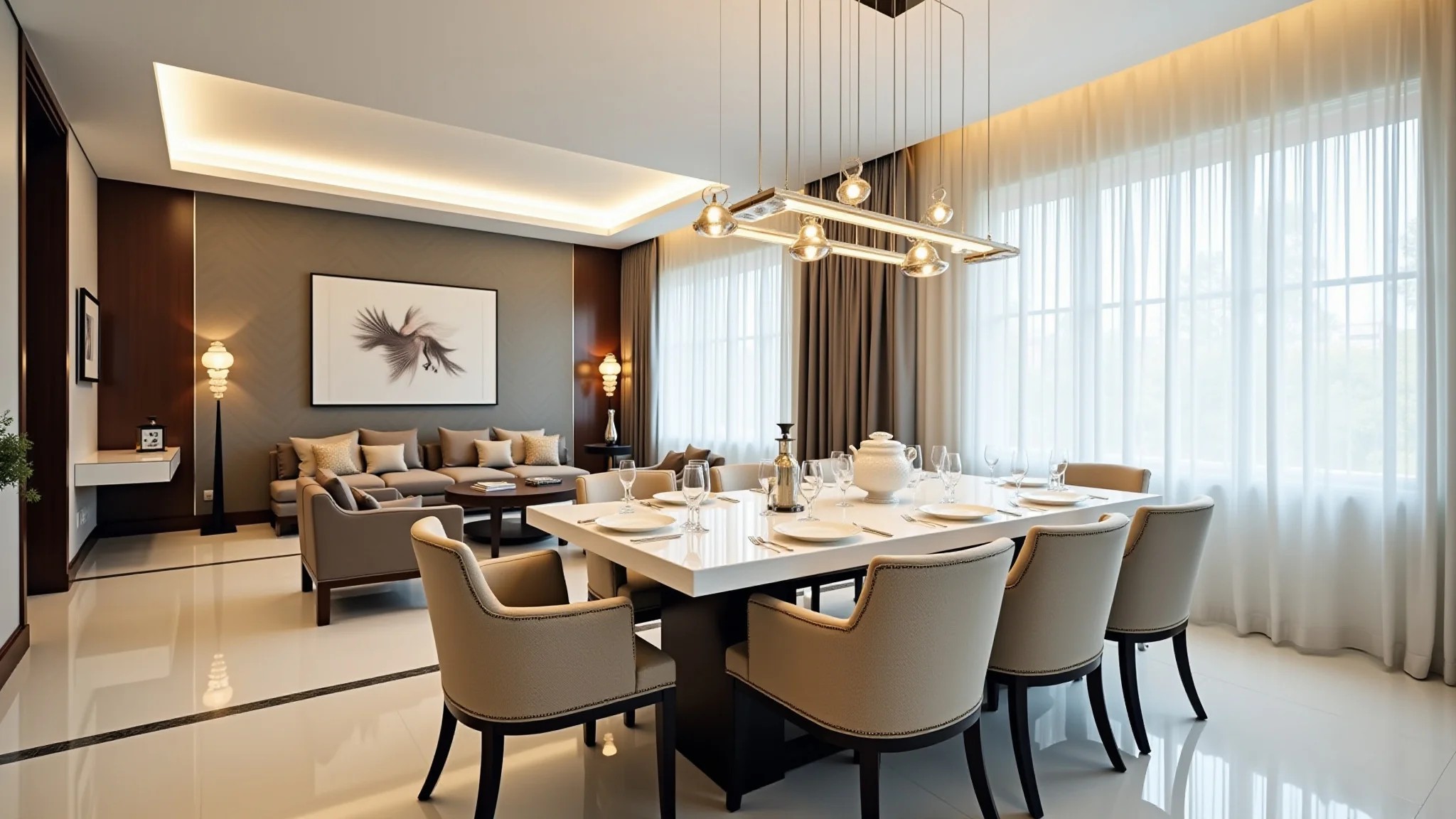 Sala de jantar elegante com mesa quadrada branca e cadeiras estofadas em tons neutros.