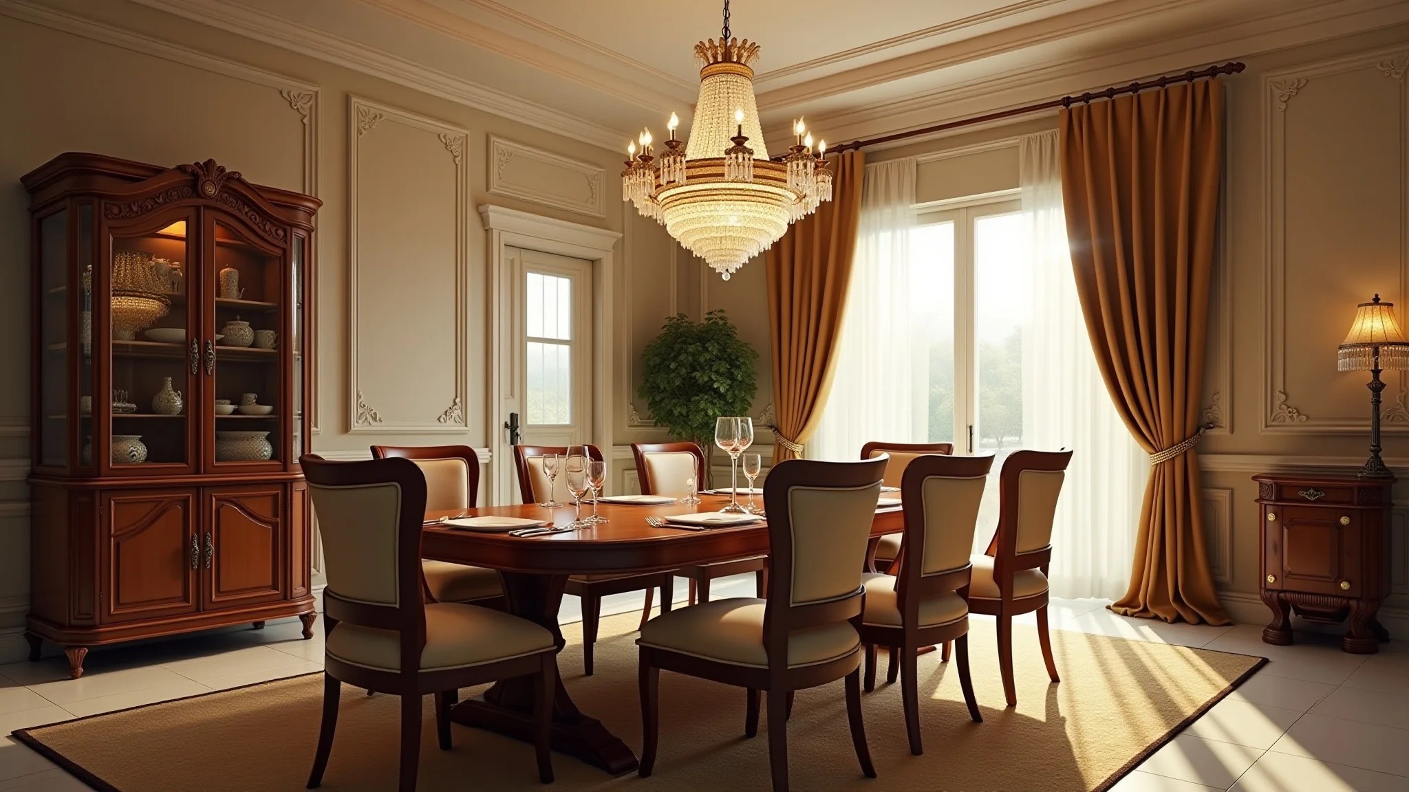 Sala de jantar elegante com mesa de madeira clássica e lustre de cristal.