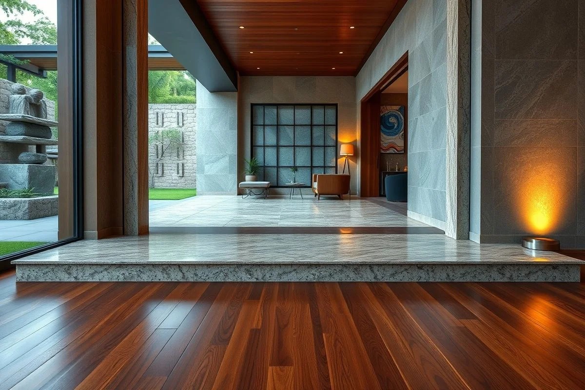 Entrada elegante com soleira de granito em casa brasileira moderna.
