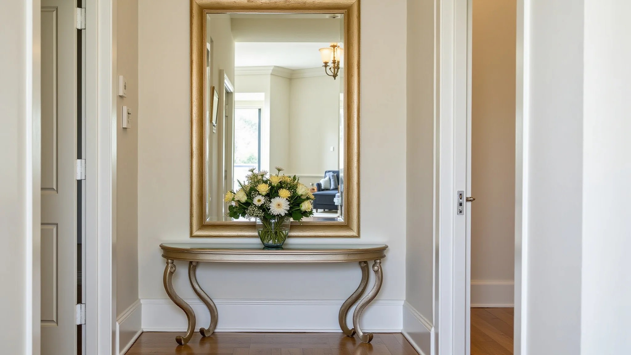 Hall elegante com espelho retangular dourado refletindo console com flores.