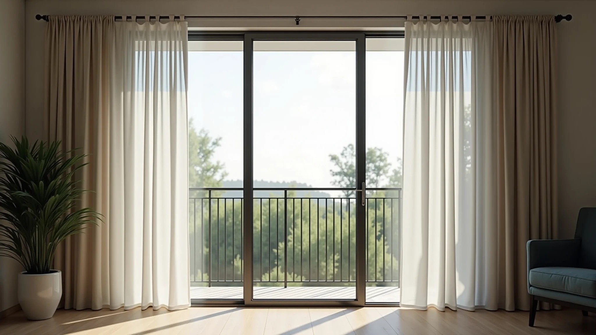 Elegante varanda com cortina de vidro parcialmente aberta e iluminação natural.