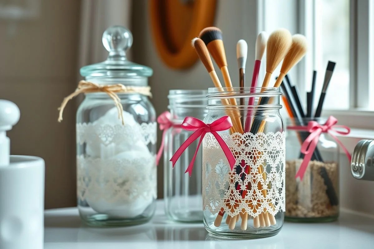 Potes de vidro decorados com renda, usados para organizar banheiro brasileiro.