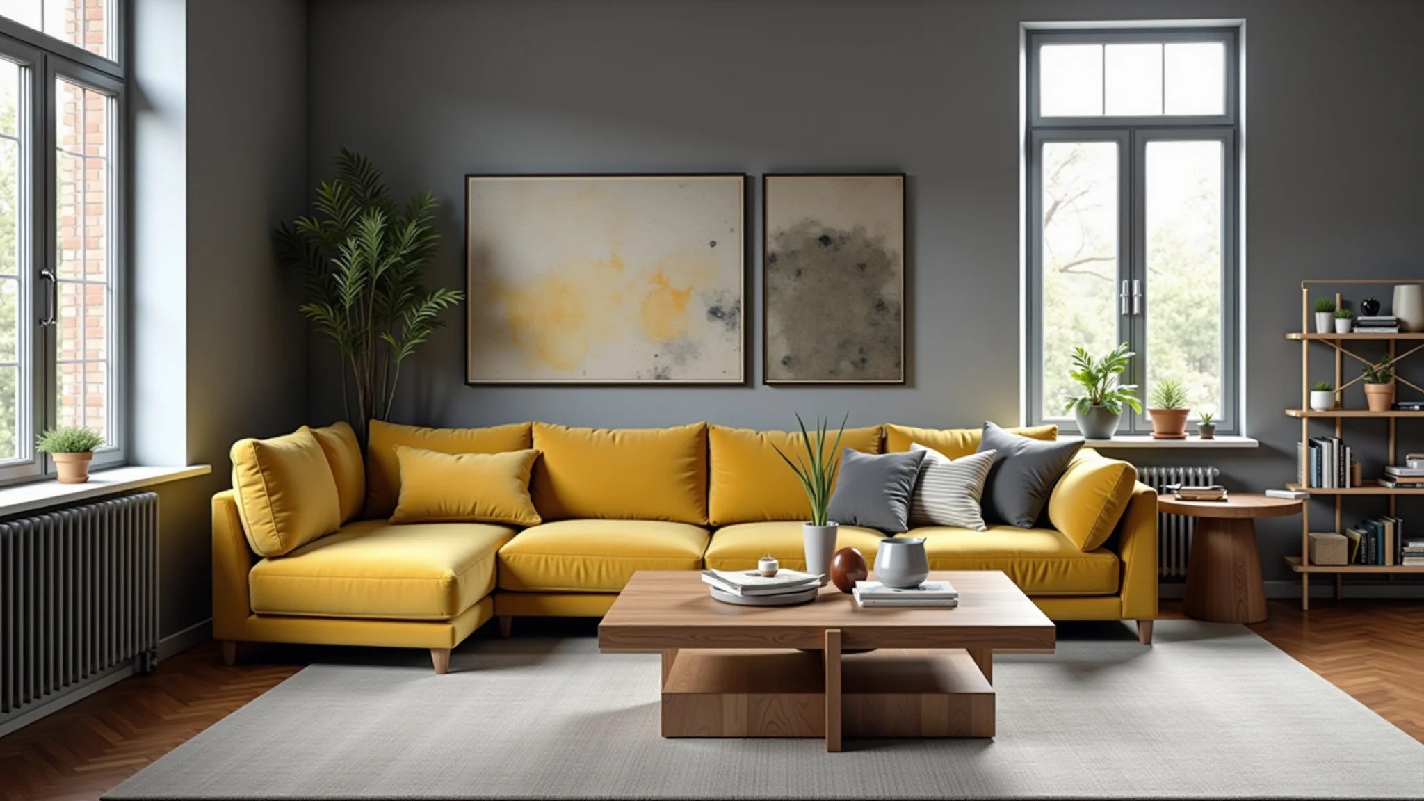 Sala elegante em cinza e amarelo com tons mostarda e móveis de madeira.