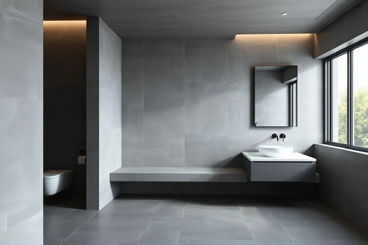 Banheiro cinza elegante com design minimalista e iluminação suave