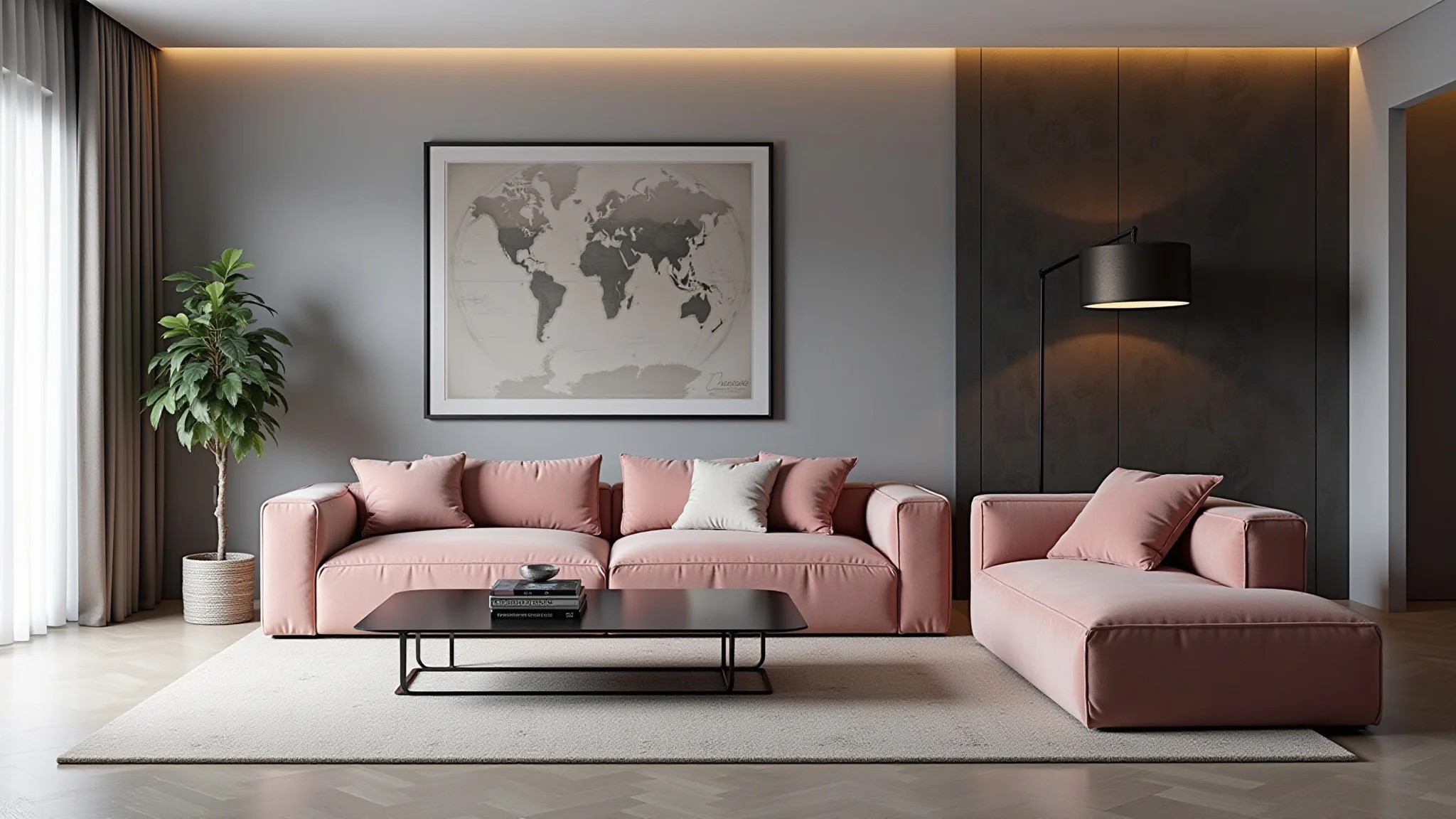 Sala de estar cinza elegante com detalhes em rosa, decoração sofisticada.