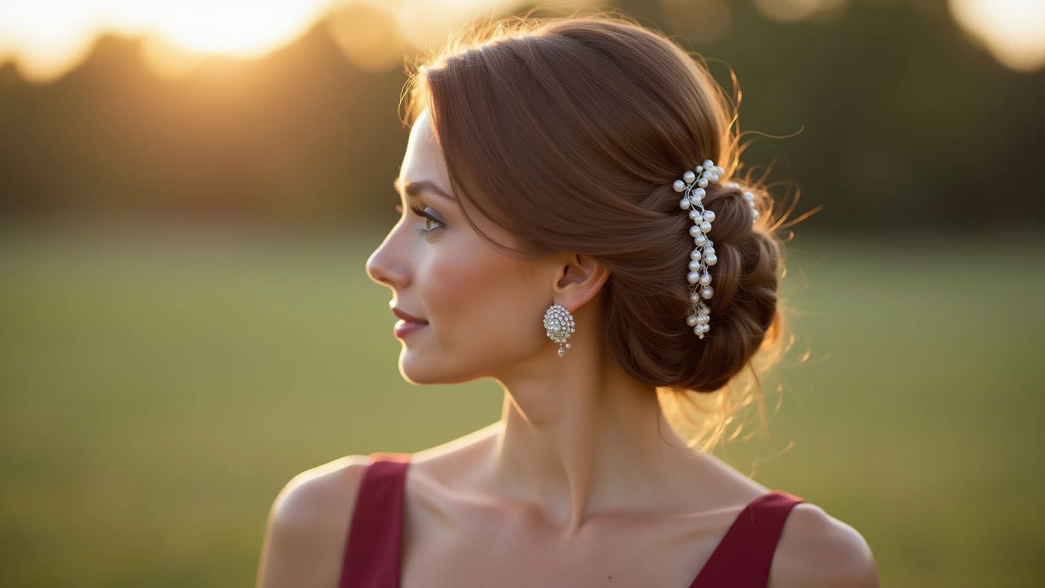 Penteado elegante com grampos de pérolas complementando vestido marsala.