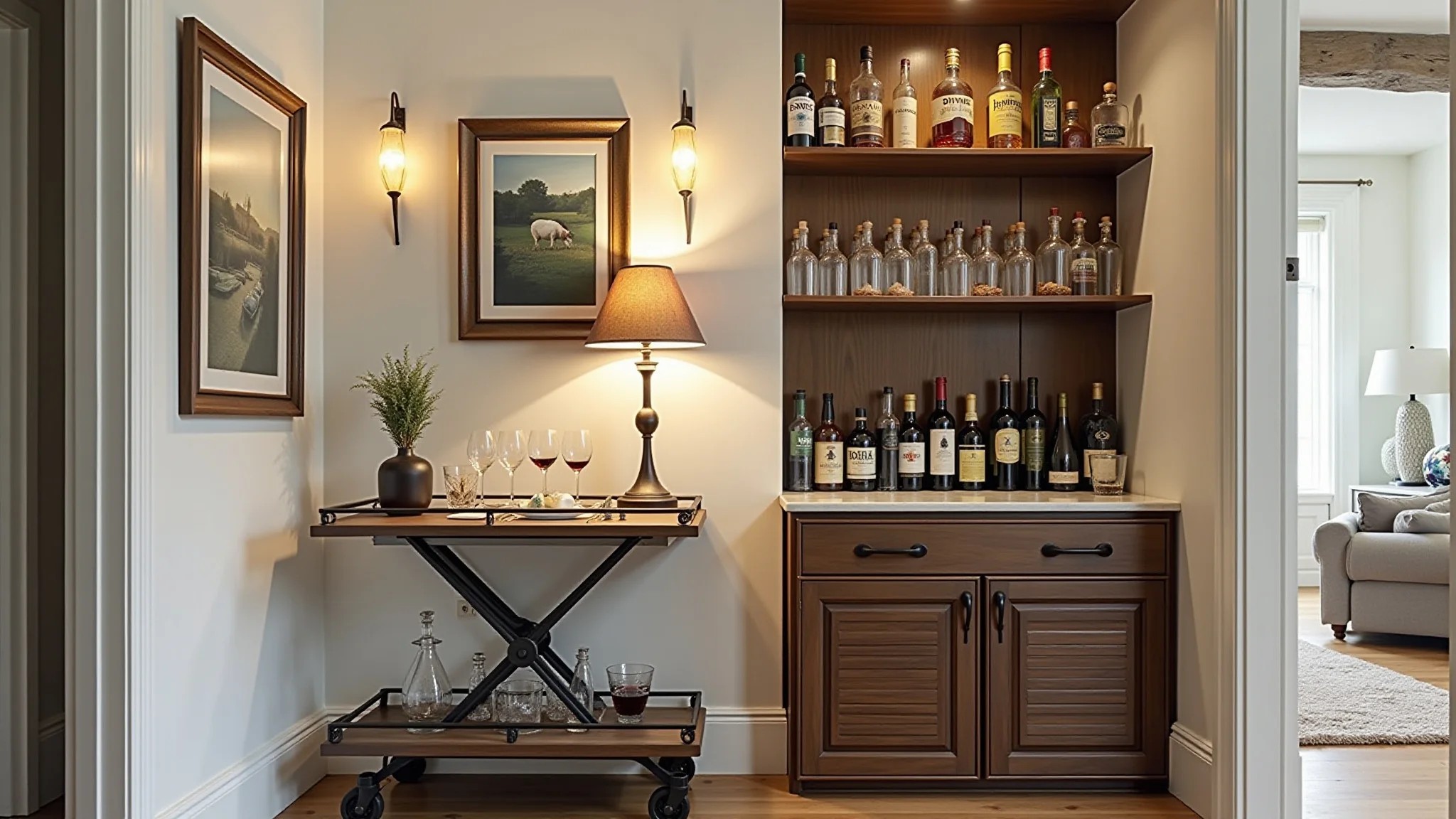 Bar elegante em canto discreto com carrinho estiloso, decoração Farm Rio e iluminação brilhante.