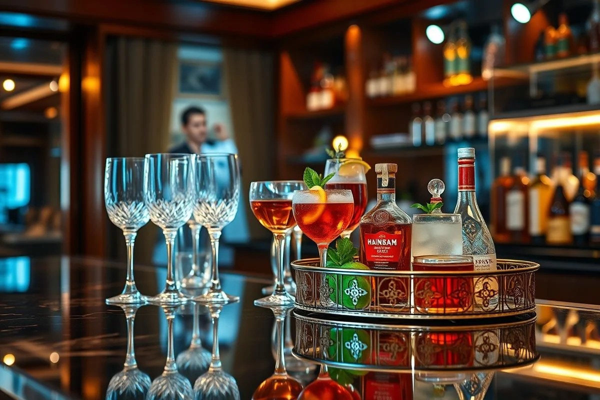 Barzinho elegante com taças de cristal e acessórios sofisticados