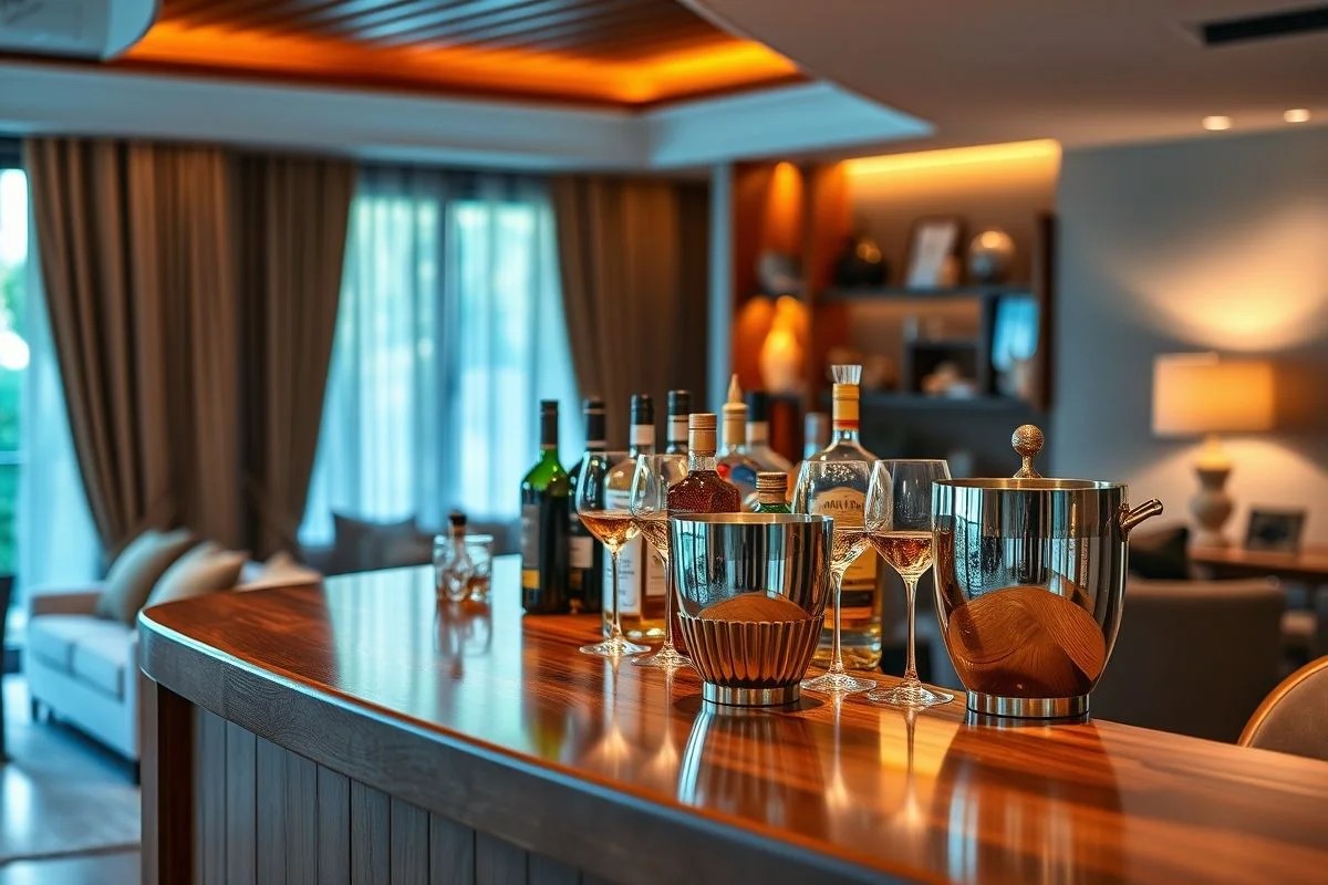 Barzinho elegante em sala moderna com bebidas e taças de cristal