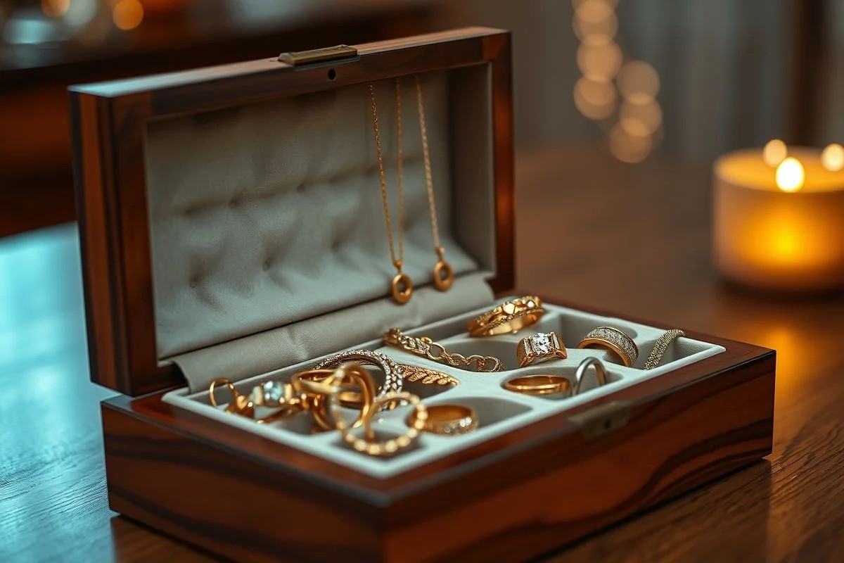 Porta-joias elegante com joias de ouro e prata, interior em veludo.